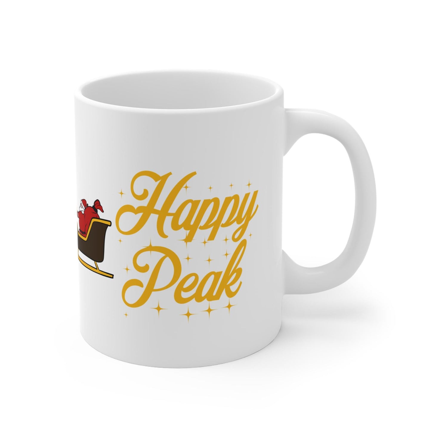 White 11oz ceramic UPS Happy Peak Mug with Santa sleigh and delivery trucks design, microwave and dishwasher safe UPS Gift Peak