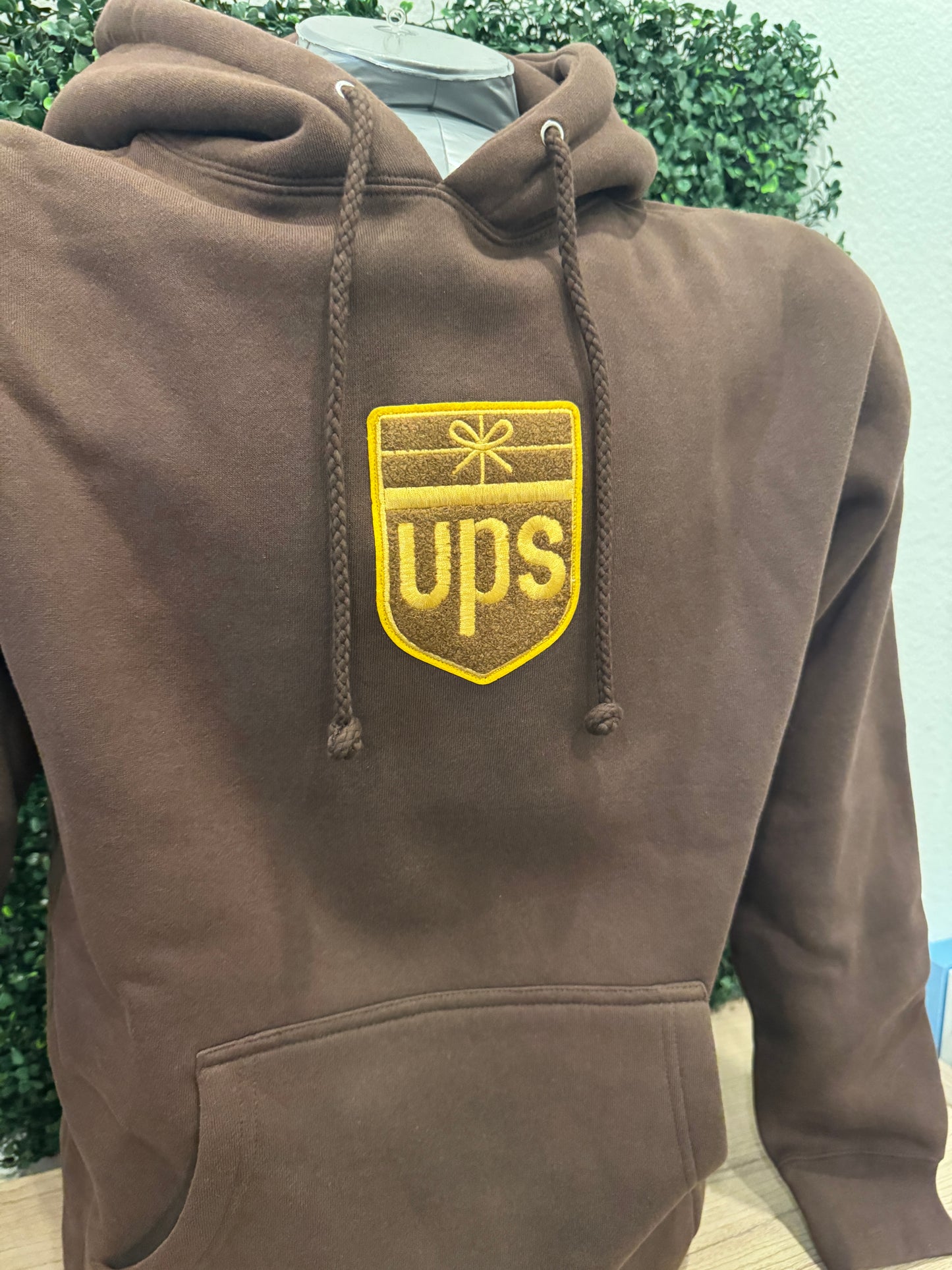 Retro UPS Logo Chenille Patch Logo Hoodie - Centered Patch - Brown