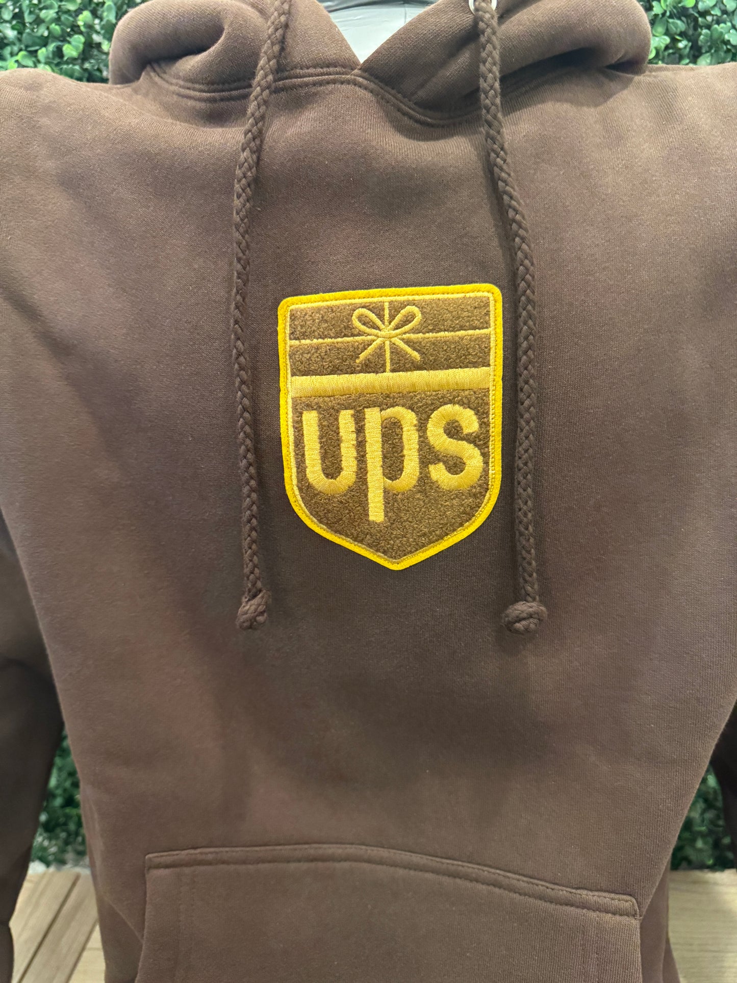 Retro UPS Logo Chenille Patch Logo Hoodie - Centered Patch - Brown