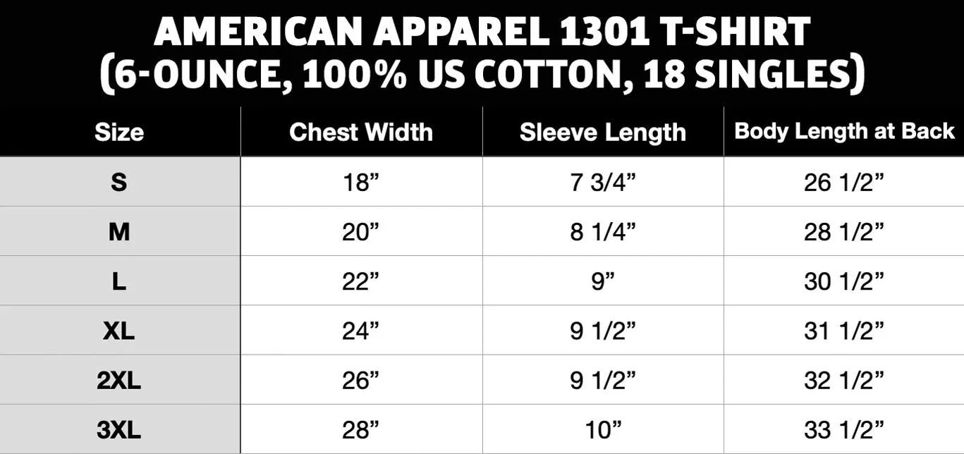 Size chart for American Apparel 1301 T-shirt with measurements in inches.