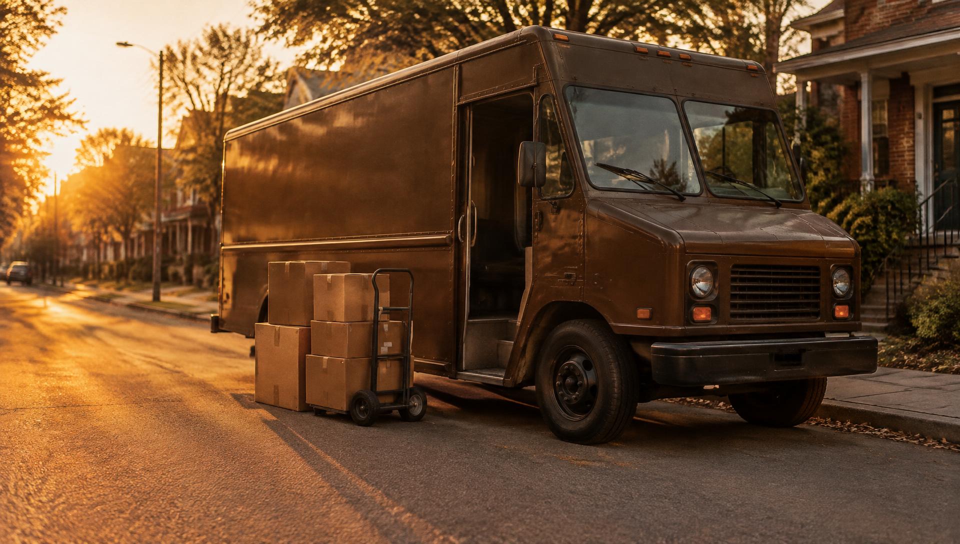 Brown delivery truck at golden hour
