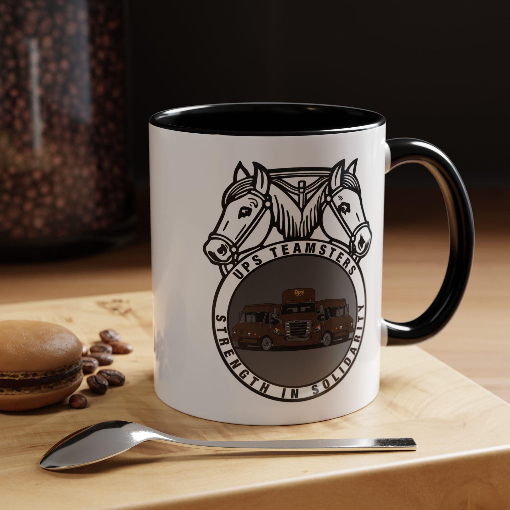 UPS Teamsters Coffee Mug with black handle and union truck logo on white ceramic cup