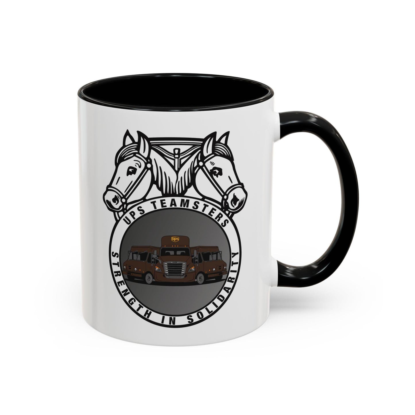 White mug with printed teamster and UPS truck design ceramic
