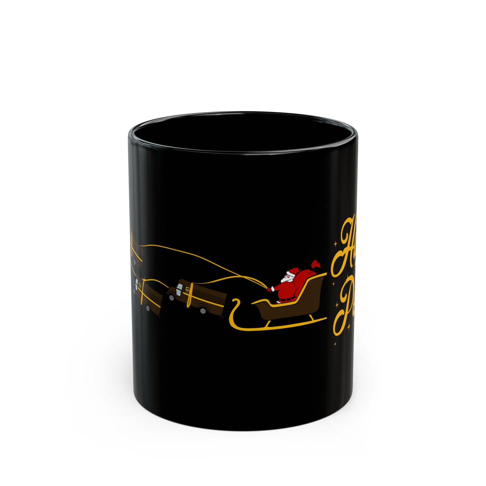 Black UPS Santa Mug with Happy Peak design and Santa riding UPS delivery fleet, 11oz ceramic cup