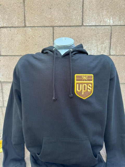 Retro UPS Chenille Patch Logo Hoodie with leftside patch in black, featuring heavyweight material for comfort and style.