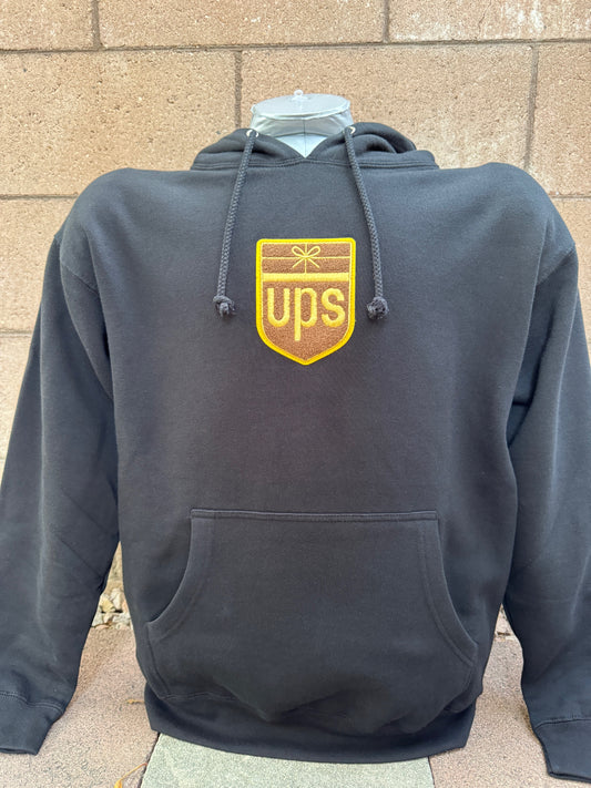 Retro UPS Chenille Patch Logo Hoodie - Centered Patch - Black