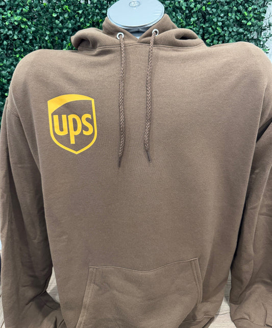 UPS Logo Screen Printed Midweight Hoodie Sweatshirt in brown with a yellow logo.