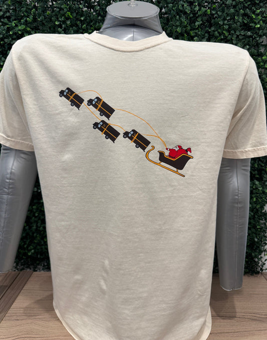 UPS Santa Peak Season Christmas Tee with Santa and UPS trucks design, holiday-themed screen-printed t-shirt.