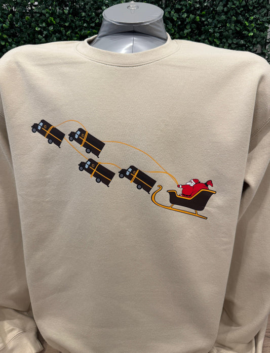 UPS Santa Peak Season Christmas crewneck sweater with unique Santa and UPS trucks design.