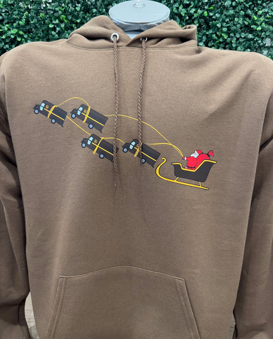 UPS Santa Peak Season Christmas Hoodie with Santa and UPS trucks design.