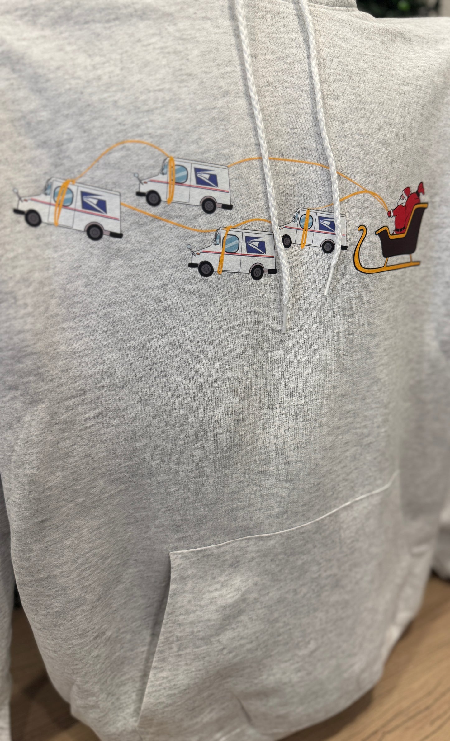 Gray hoodie with USPS trucks and santa, peak season, screen printed design, USPS employee Postal worker hoodie hooded sweatshirt