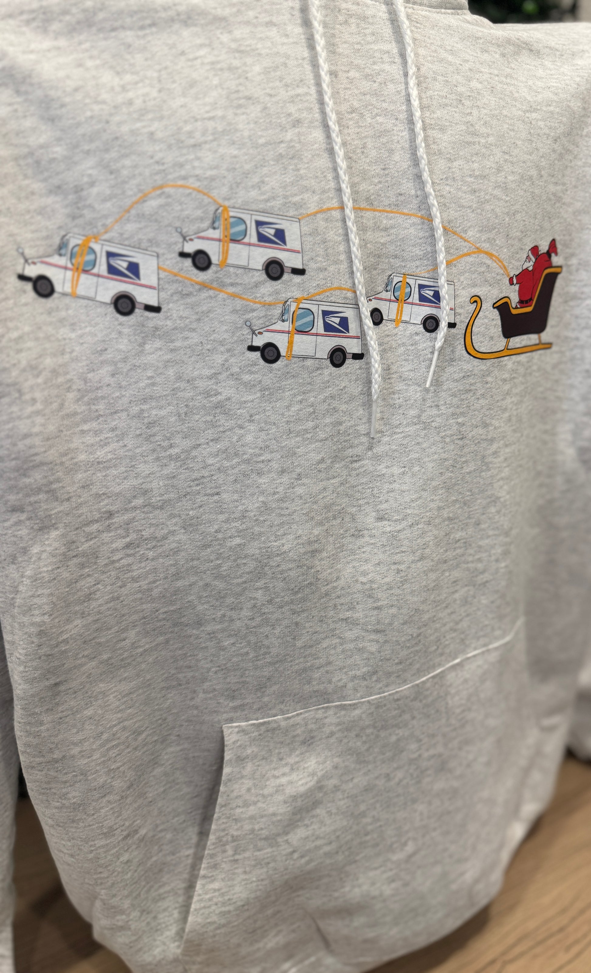 Gray hoodie with USPS trucks and santa, peak season, screen printed design, USPS employee Postal worker hoodie hooded sweatshirt