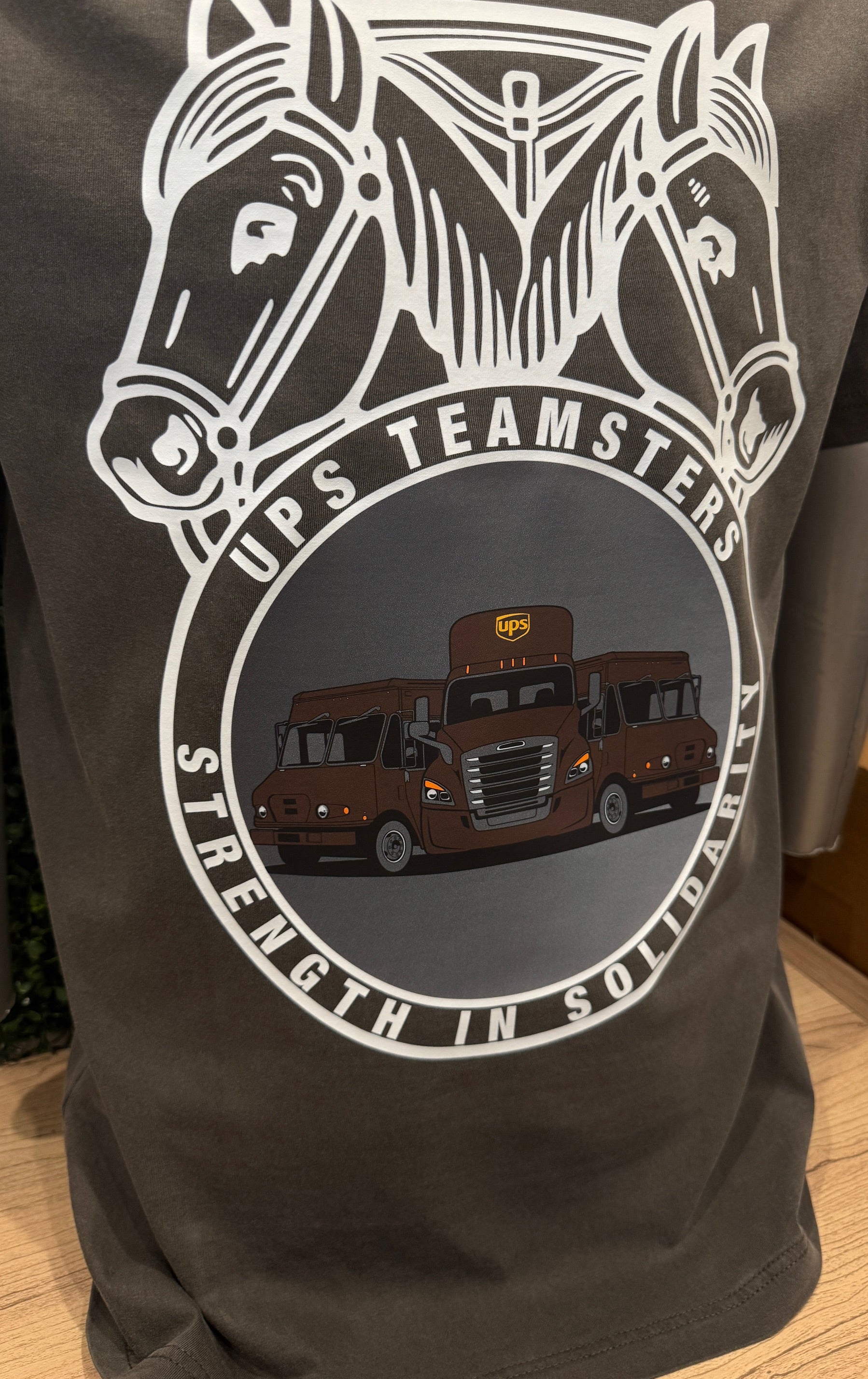 Gray t-shirt with a graphic of Teamster logo and a UPS trucks, featuring 'Teamsters' text. Strength in solidarity 
