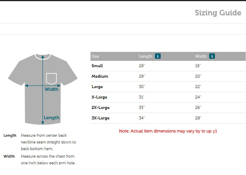 UPS Teamster & Package Car Tee sizing guide, including measurements for small to 3X-large sizes.