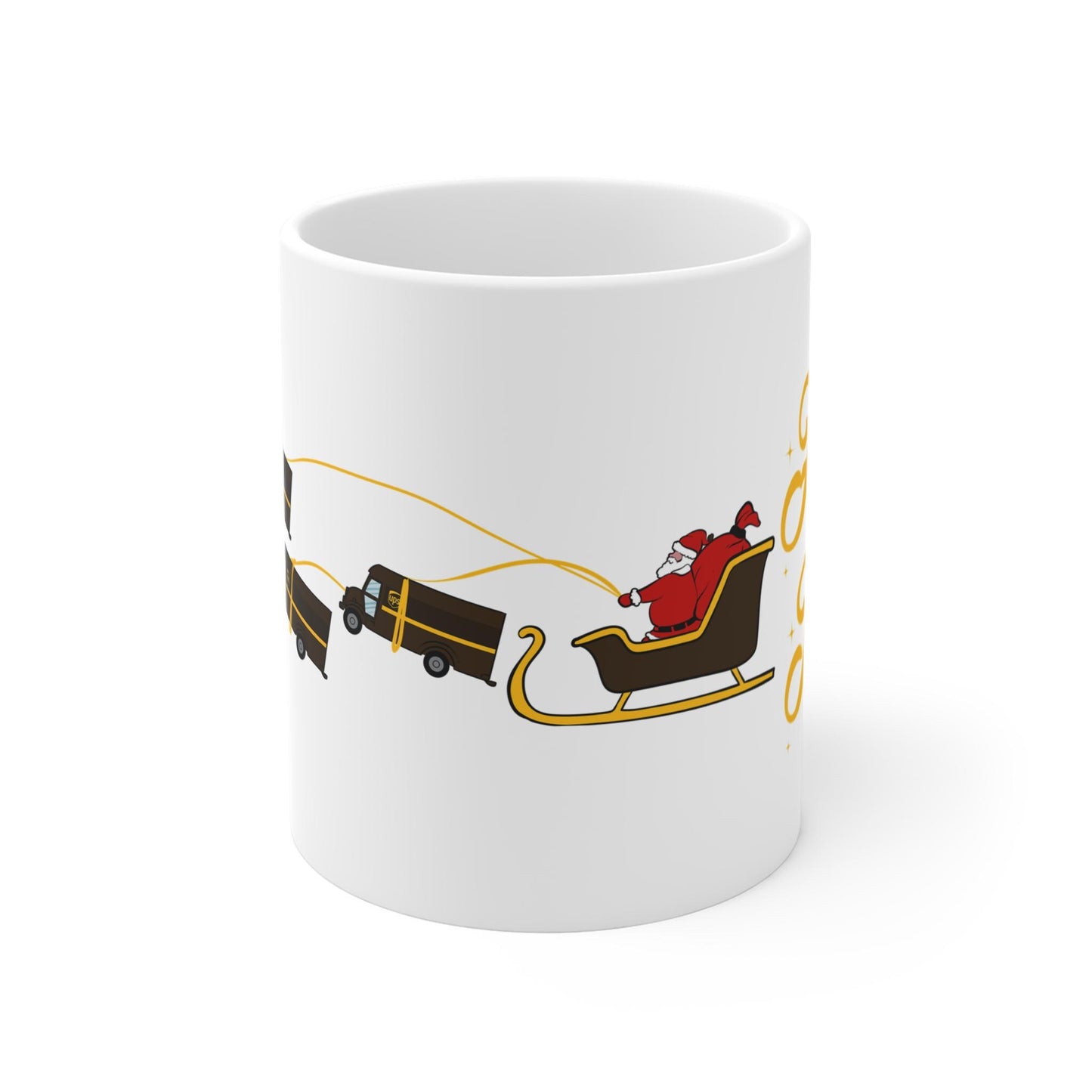 White 11oz ceramic UPS Happy Peak Mug with Santa sleigh and delivery trucks design, microwave and dishwasher safe UPS Gift Peak