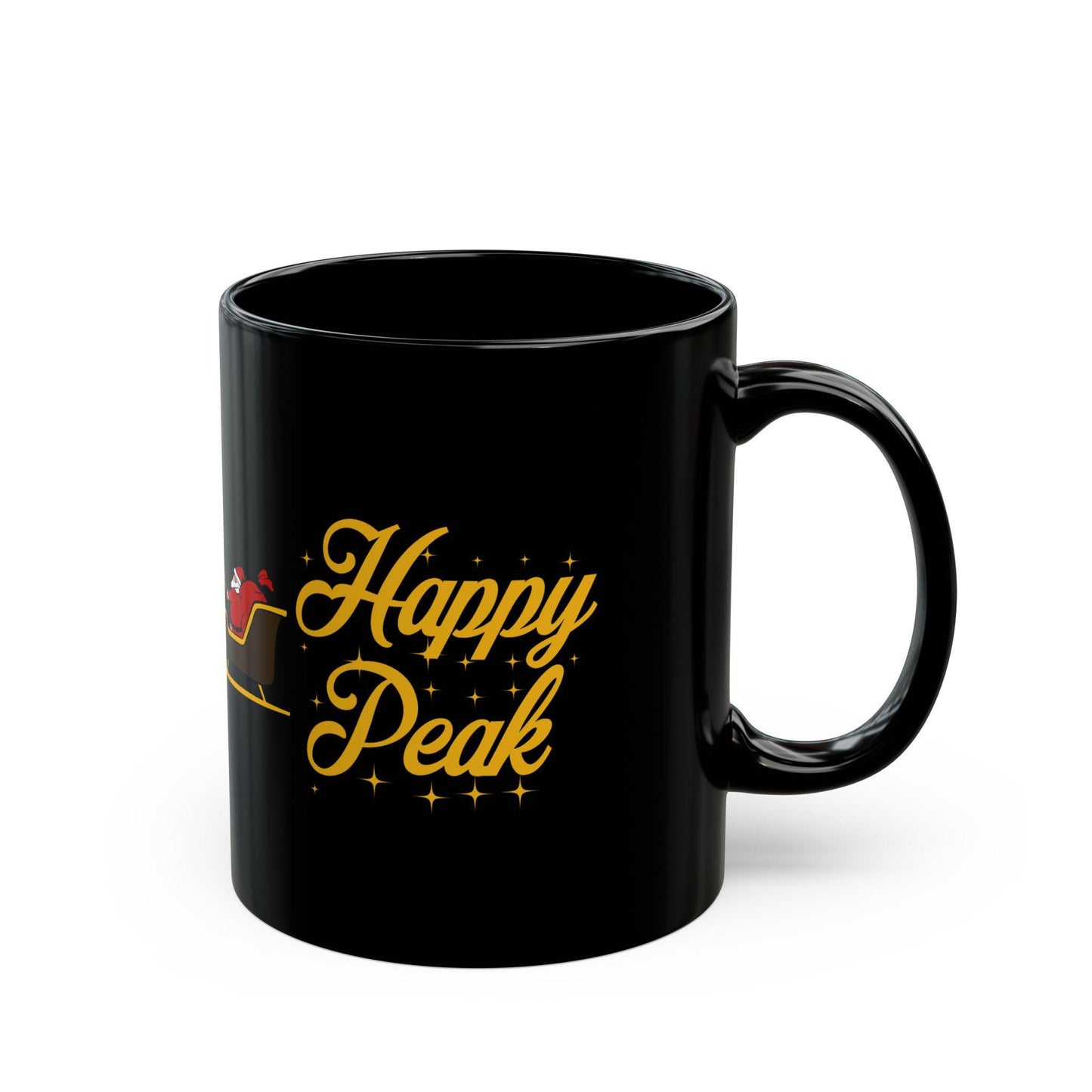 Black UPS Santa Mug with Happy Peak design and Santa riding UPS delivery fleet, 11oz ceramic cup