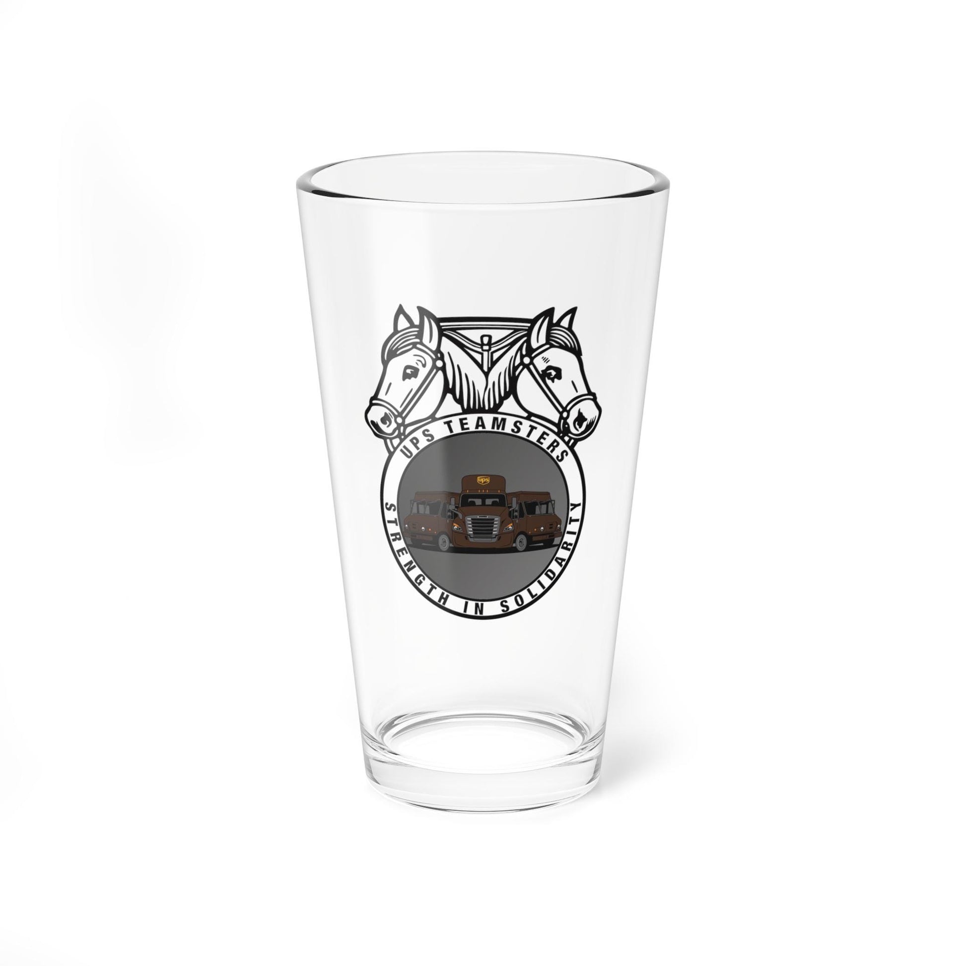 Clear 16oz UPS Teamsters pint glass with union emblem Teamster logo with UPS trucks