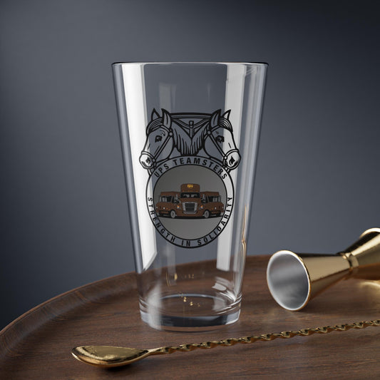 Clear 16oz UPS Teamsters pint glass with union emblem Teamster logo with UPS trucks