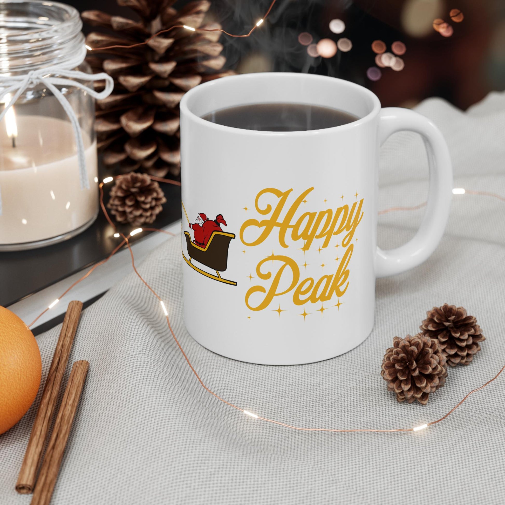 White 11oz ceramic UPS Happy Peak Mug with Santa sleigh and delivery trucks design, microwave and dishwasher safe UPS Gift Peak