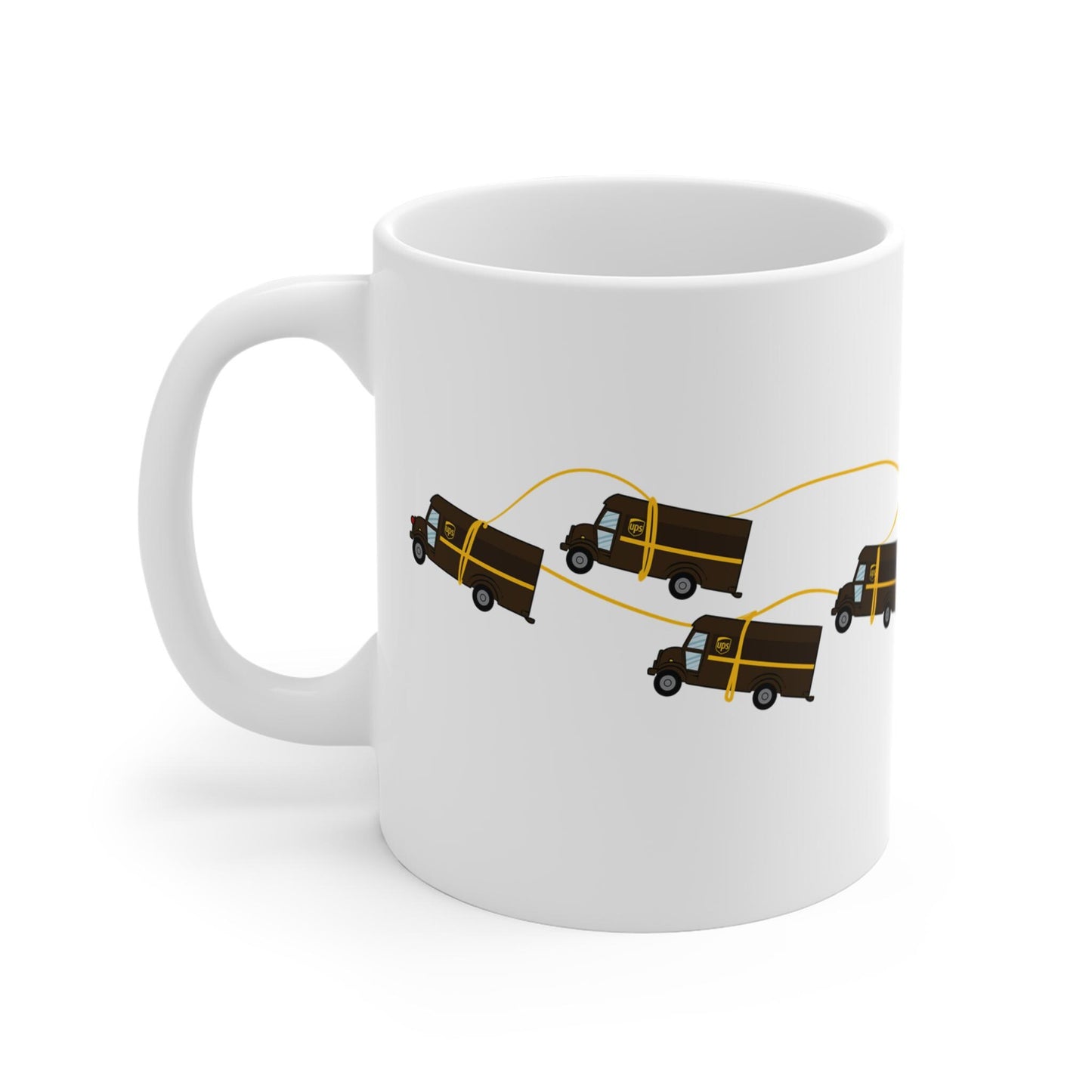 White 11oz ceramic UPS Happy Peak Mug with Santa sleigh and delivery trucks design, microwave and dishwasher safe UPS Gift Peak