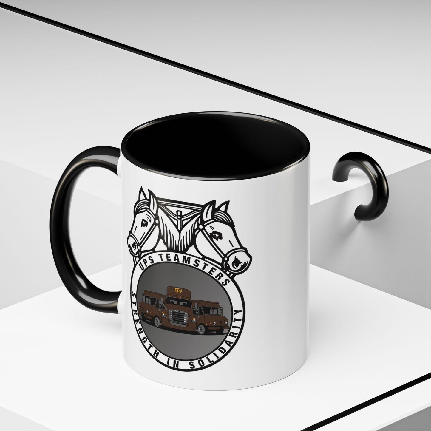 White mug with printed teamster and UPS truck design ceramic UPS peak season employee gift